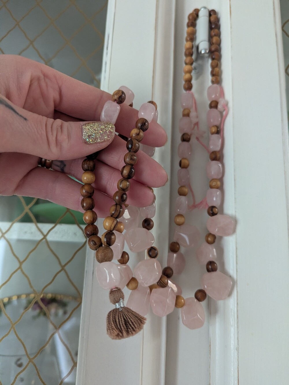 📿💞VTG Heart Chakra Rose Quartz Pink Handmade Mala Bead Long Necklace Tassel